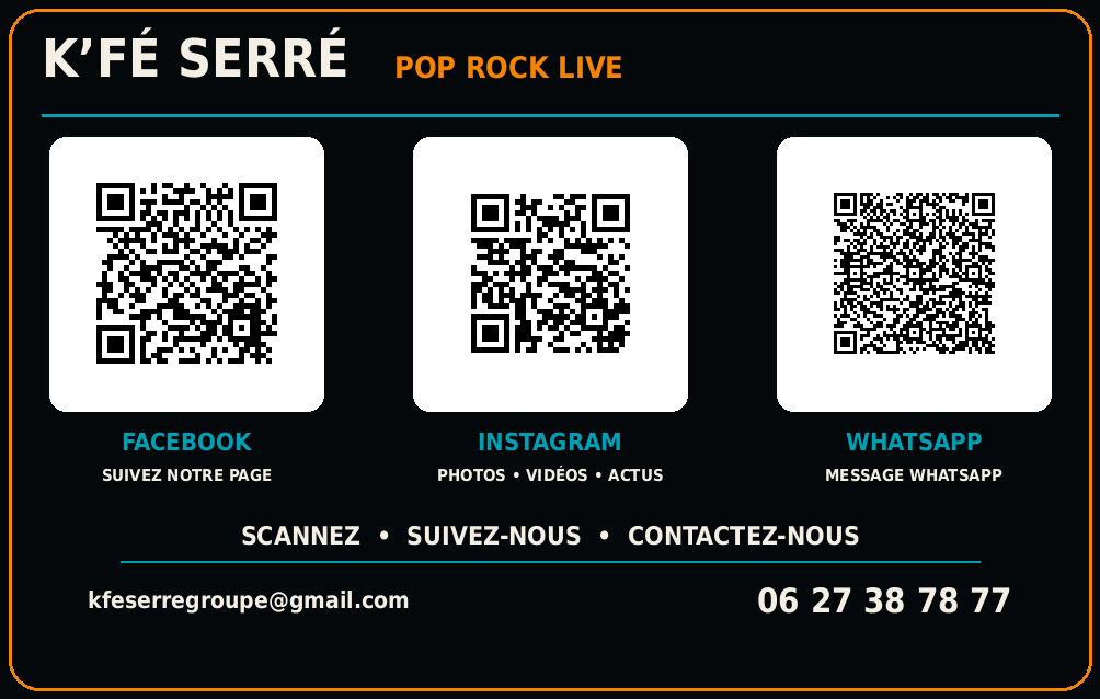 Verso de la carte de visite K’Fé Serré avec les QR codes Facebook, Instagram et WhatsApp