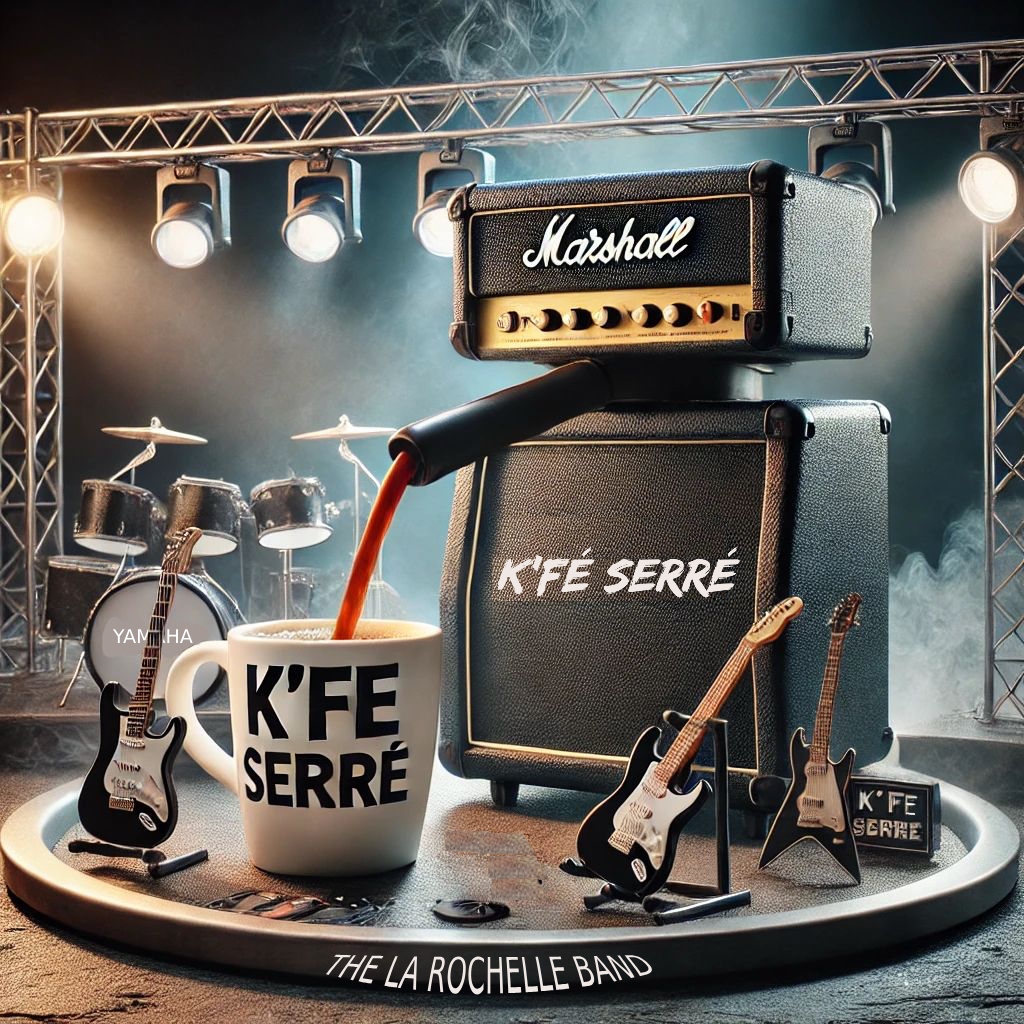 Visuel historique K’Fé Serré associant le café, les guitares, l’ampli et la scène