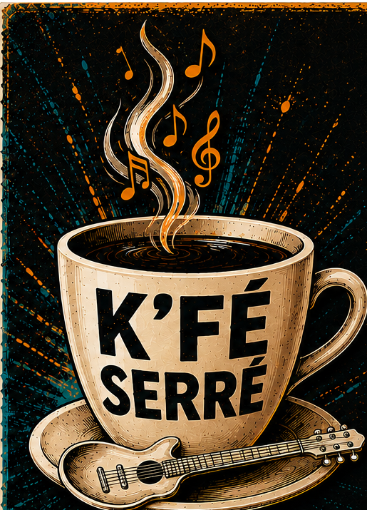 Tasse K’Fé Serré et petite guitare, identité visuelle du groupe